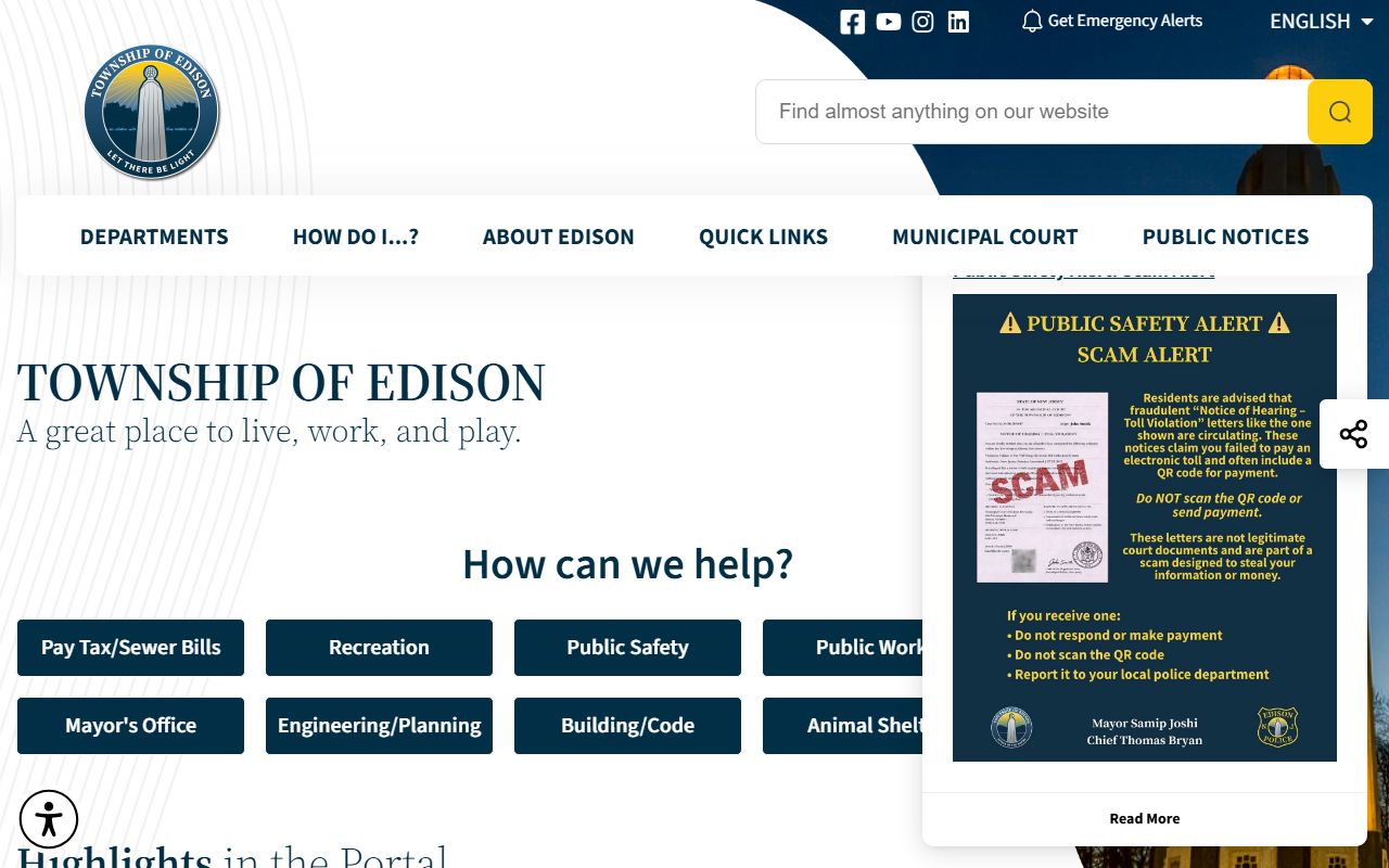 Edison Township official website for Edison Township family court records